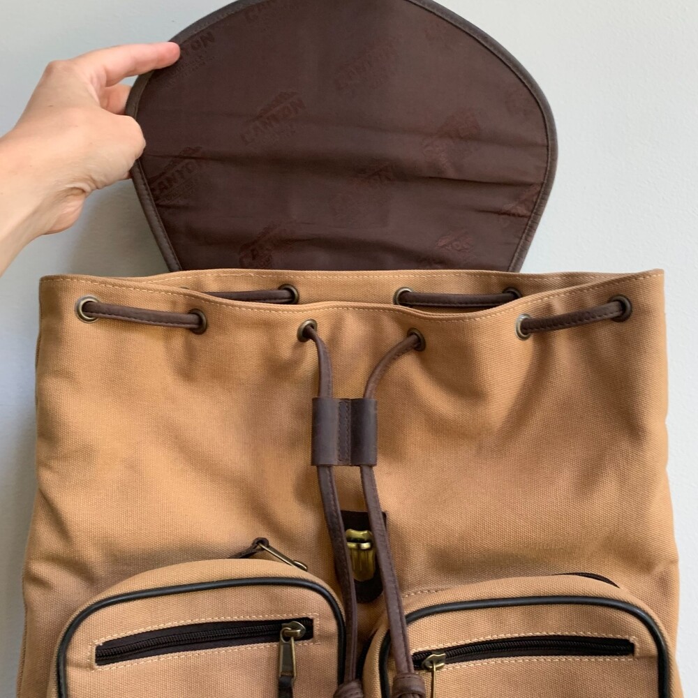 Canyon Outback VTG Leather Canvas Backpack Cinch Buckle Brown Tan Classic 90s - Picture 8 of 12